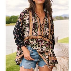 Jaase Chloe Top Womens Size 2X Blue Gold Boho Babydoll Peasant Floral Festival